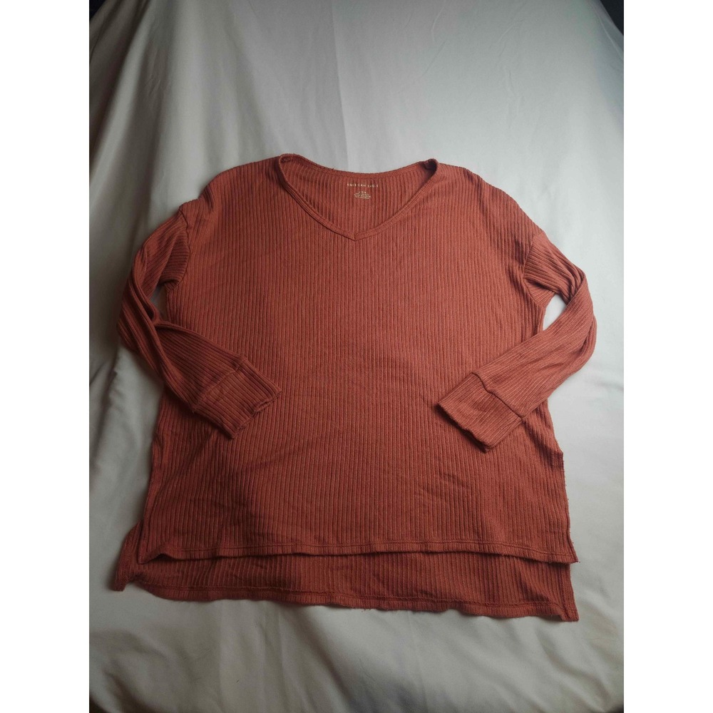 American Eagle Womens Medium Rust Orange Ribbed V-Neck High Low Top Long Sleeve
